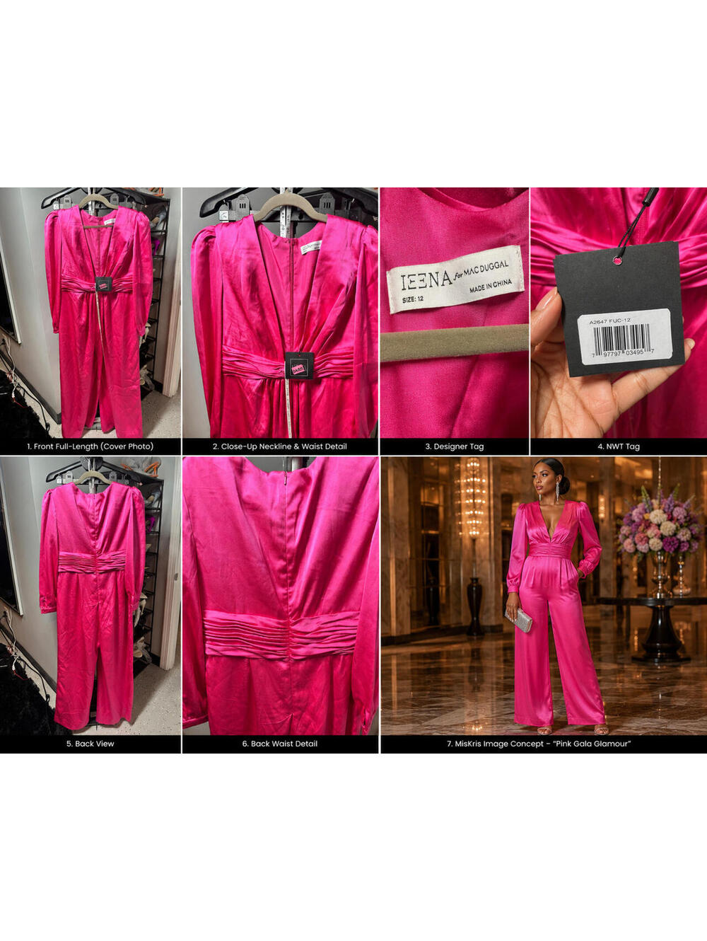Ieena Mac Duggal Pink Satin Jumpsuit Size 12 NWT Deep V Long Sleeve